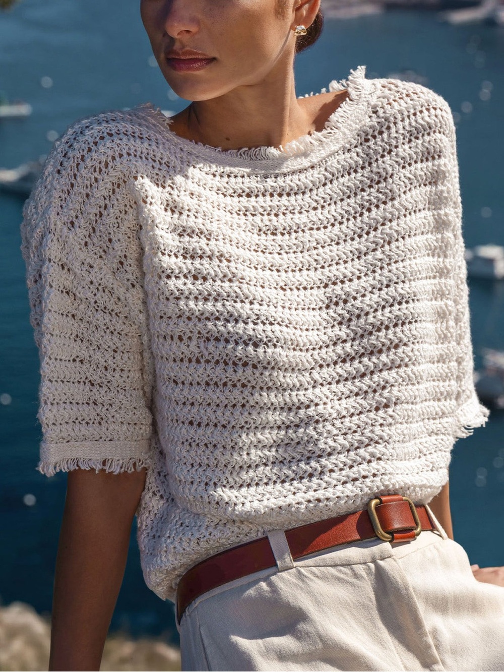 Brochu Walker Simi Fringe Pullover Cream Short-Sleeve Linen Sweater